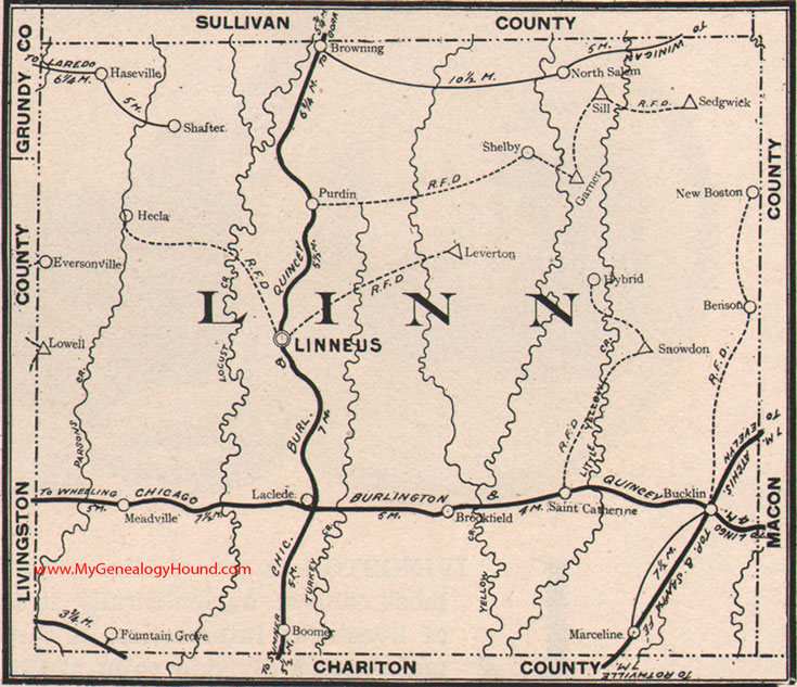 Linn County Missouri Map 1904 Linneus, Marceline, Brookfield, Bucklin, Laclede, Meadville, New Boston, Purdin, Browning, MO