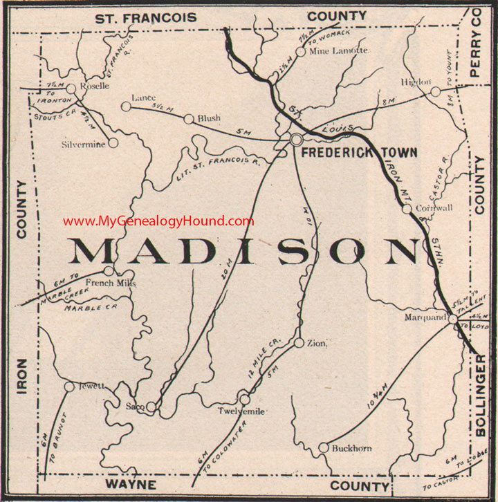 Madison County Missouri Map 1904 Fredericktown, Mine La Motte, Marquand, Roselle, Higdon, Silver Mine, Zion, MO