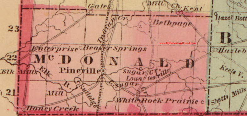 McDonald County, Missouri 1861 map Pineville, Beaver Springs, Bethpage, Enterprise, Elk Mills, Louniesville, Honey Creek, White Rock Prairie, Shetts Mills, MO