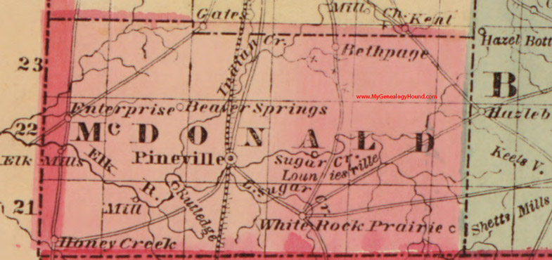 McDonald County, Missouri 1861 map Pineville, Beaver Springs, Bethpage, Enterprise, Elk Mills, Louniesville, Honey Creek, White Rock Prairie, Shetts Mills, MO