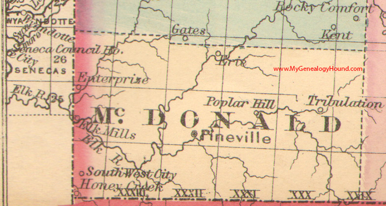 McDonald County, Missouri 1876 Map Pineville, South West City, Honey Creek, Tribulation, Poplar Hill, Enterprise, Elk Mills, Erie, MO