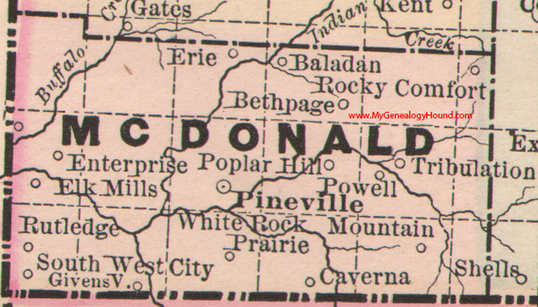 McDonald County, Missouri 1886 Map Pineville, Rocky Comfort, Elk Mills, Rutledge, Enterprise, White Rock Prairie, Powell, Tribulation, MO
