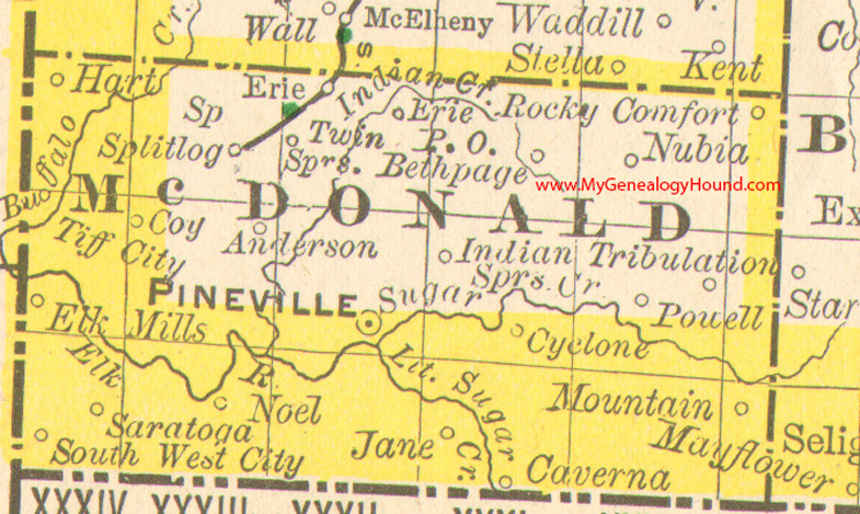 McDonald County, Missouri 1890 Map Pineville, Rocky Comfort, South West City, Powell, Bethpage, Elk Mills, Saratoga, Noel, MO
