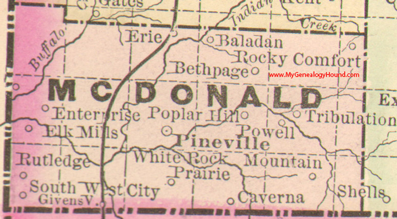McDonald County, Missouri 1890 Map Pineville, Rocky Comfort, Enterprise, Bethpage, Rutledge, South West City, Powell, Tribulation, MO