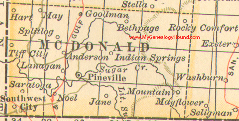 McDonald County, Missouri 1902 Map Pineville, Noel, Southwest City, Anderson, Goodman, Splitlog, Saratoga, MO