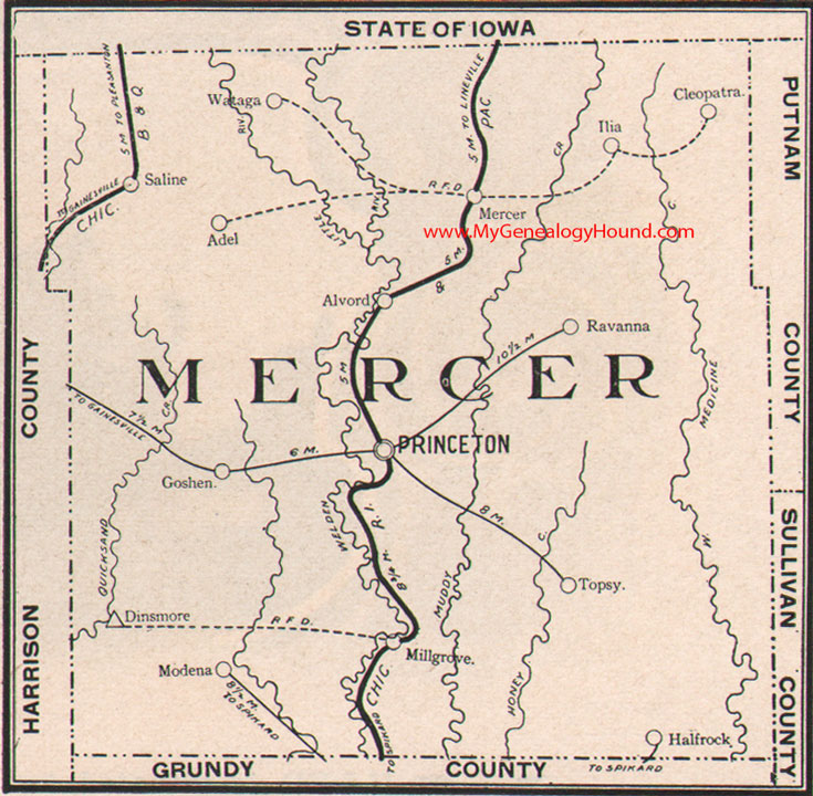 Mercer County Missouri Map 1904 Princeton, Mill Grove, Goshen, Topsy, Ravanna, Alvord, Modena, Adel, Cleopatra, Wataga