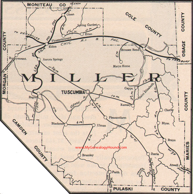 Miller County Missouri Map 1904 Tuscumbia, Eldon, Bagnell, Iberia, Saint Elizabeth, Marys Home, Olean, Brumley, MO