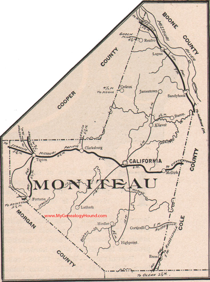 Moniteau County Missouri Map 1904 California, Tipton, Clarksburg, Fortuna, Latham, High Point, Jamestown, Lupus, Sandy Hook, MO