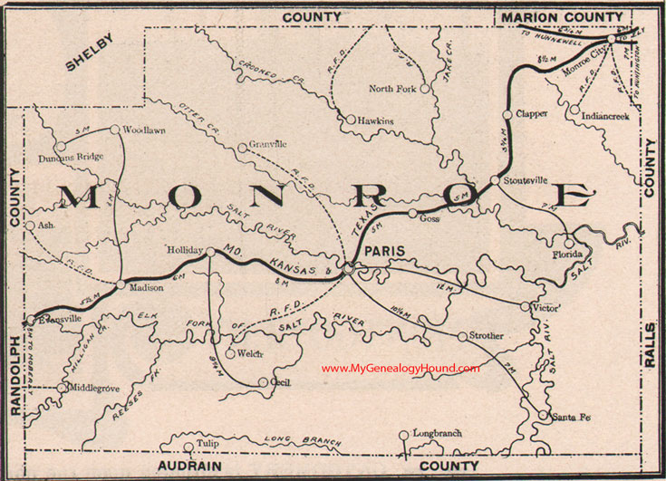Monroe County Missouri Map 1904 Paris, Monroe City, Stoutsville, Madison, Holliday, Indian Creek, Florida, MO