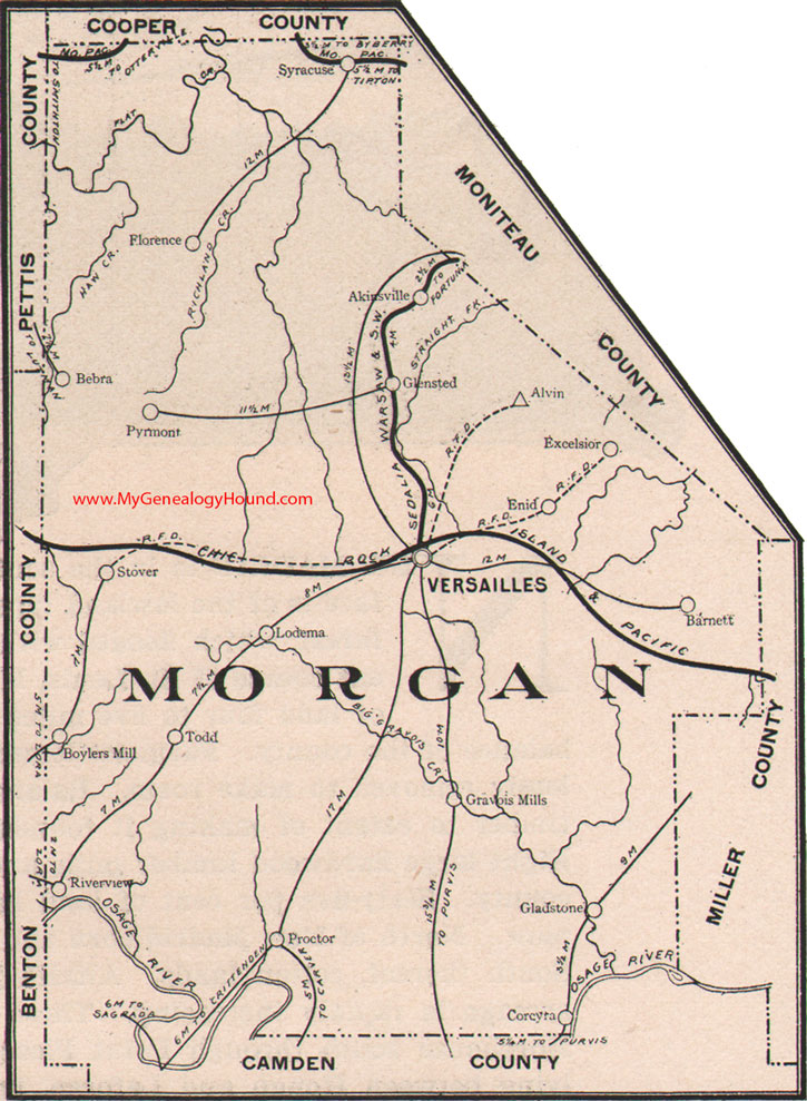 Morgan County Missouri Map 1904 Versailles, Gravois Mills, Stover, Syracuse, Florence, Excelsior, Bebra, MO