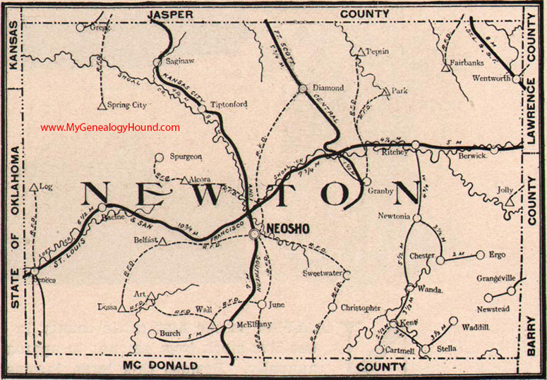 Newton County, Missouri 1904 Map, Neosho, Granby, Seneca, Newtonia, Diamond, Wentworth, Saginaw, Spurgeon, Stella, Wanda, Jolly, Tipton Ford, Berwick, Wanda, MO