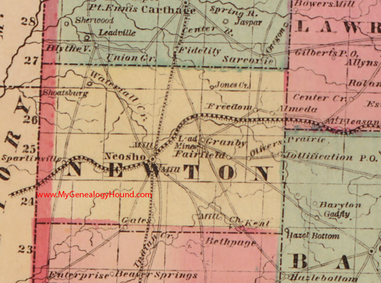 Newton County, Missouri 1861 Map Neosho, Granby, Jollification, Olivers Prairie, Sparlinville, Fairfield, Gates, Kent, Shoalsburg, MO