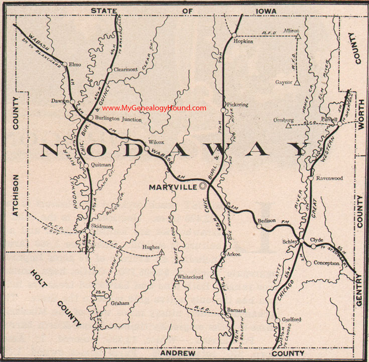 Nodaway County Missouri Map 1904 Maryville, Hopkins, Brlington Junction, Quitman, Skidmore, Ravenwood, Parnell, Elmo, Clearmont, Conception, Clyde, Graham, Barnard, Guilford, Arkoe, MO