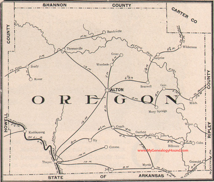 Oregon County Missouri Map 1904 Alton, Thayer, Koshkonong, Rover, Myrtle, Couch, Greer, Thomasville, Wilderness, MO