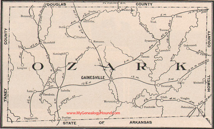 Ozark County Missouri Map 1904 Gainesville, Isabella, Zanoni, Tecumseh, Theodosia, Rockbridge, Sycamore, MO