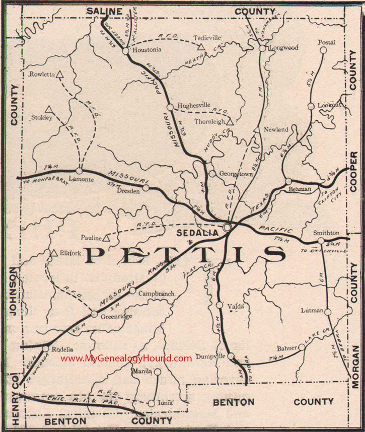 Pettis County Missouri Map 1904 Sedalia, LaMonte, Green Ridge, Smithton, Hughesville, Houstonia, Georgetown, MO