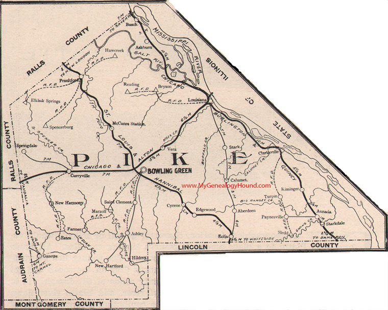 Pike County Missouri Map 1904 Bowling Green, Louisiana, Clarksville, Frankford, Curryville, New Hartford, Annada, MO
