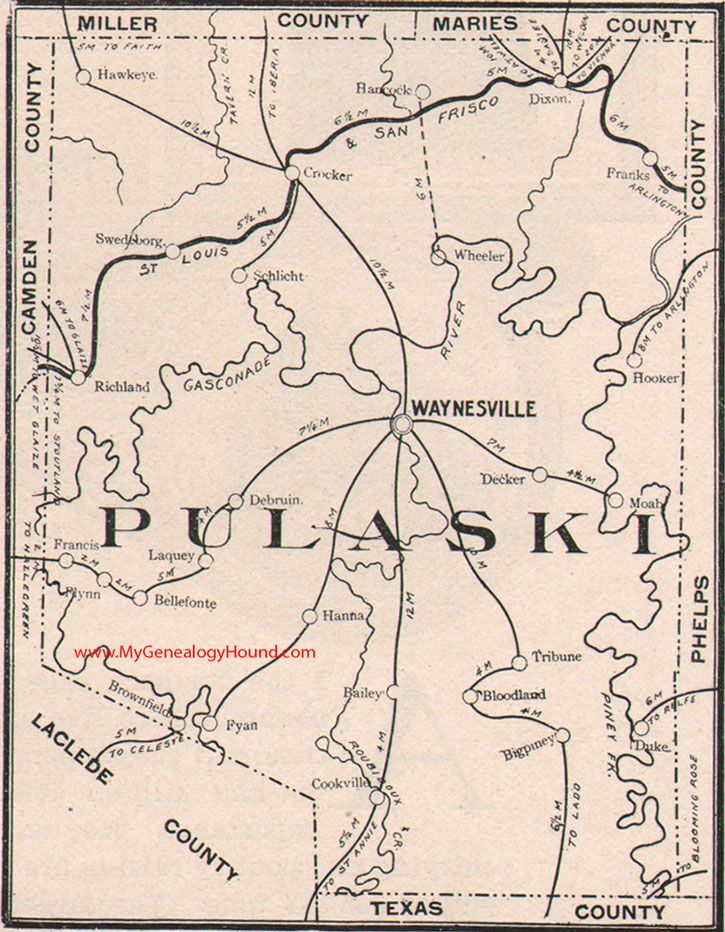 Pulaski County Missouri Map 1904 Waynesville, Dixon, Crocker, Richland, Swedeborg, Laquey, Decker, Hanna, MO
