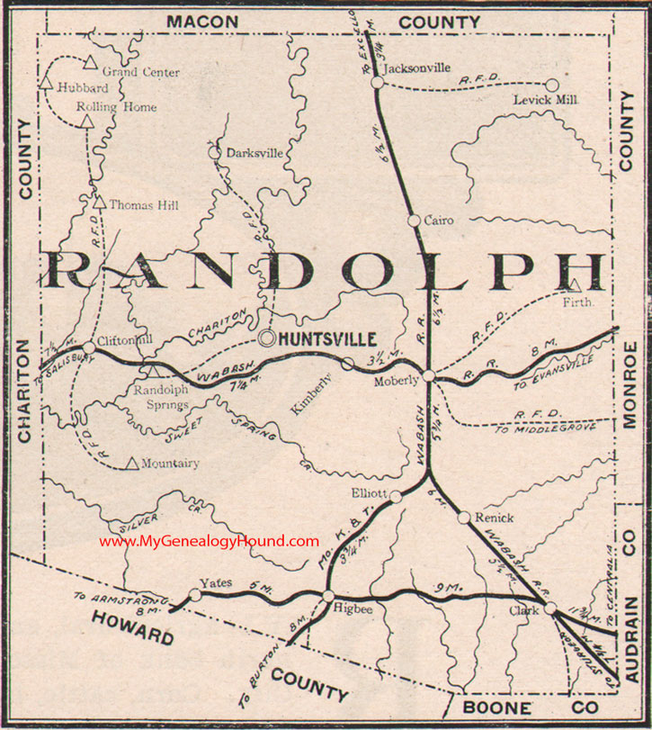 Randolph County Missouri Map 1904 Huntsville, Moberly, Cairo, Clifton Hill, Higbee, Renick, Jacksonville, MO