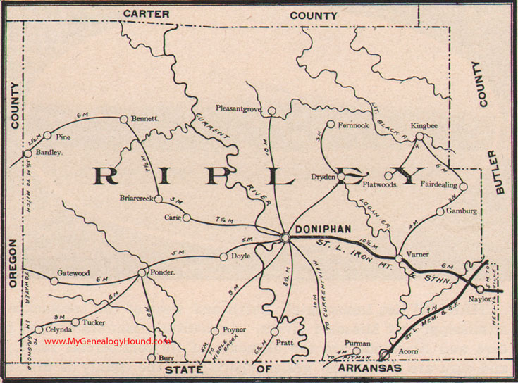 Ripley County Missouri Map 1904 Doniphan, Naylor, Fairdealing, Gatewood, Poynor, Doyle, Briar Creek, Tucker, MO