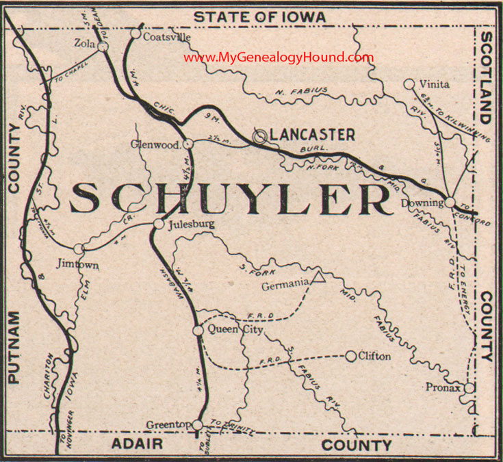Schuyler County Missouri Map 1904 Lancaster, Glenwood, Queen City, Downing, Greentop, Zola, Coatsville, Jimtown, Julesburg, Vinita, Pronax, Germania, Clifton, MO