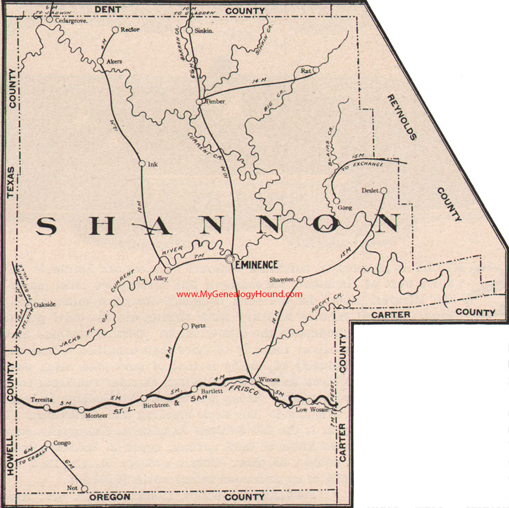 Shannon County Missouri 1904 Eminence, Winona, Birch Tree, Monteer, Montier, Teresita, Shawnee, Bartlett, MO