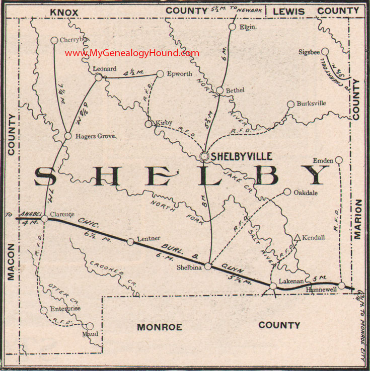Shelby County Missouri Map 1904 Shelbyville, Shelbina, Clarence, Hunnewell, Leonard, Bethel, Lentner, Emden, Kirby, Lakenan, MO
