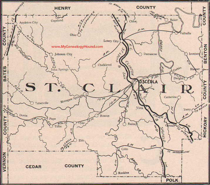 St. Clair County Missouri Map 1904 Osceola, Lowry City, Appleton City, Monegaw Springs, Roscoe, Vista, MO