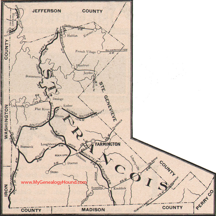 St. Francois County Missouri Map 1904 Farmington, Bonne Terre, Dor Run, Desloge, French Village, Bismarck, Knob Lick, MO 