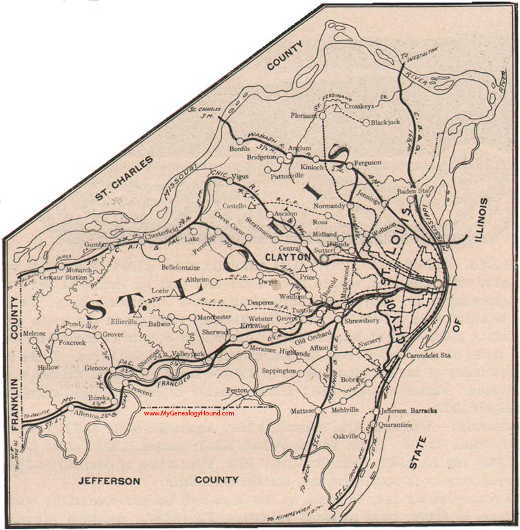 St. Louis County, Missouri 1904 Map, Clayton, Florissant, Manchester, Bellefontaine, Creve Coeur, Bridgeton, Ferguson, Jennings, Affton, Jefferson Barracks, MO