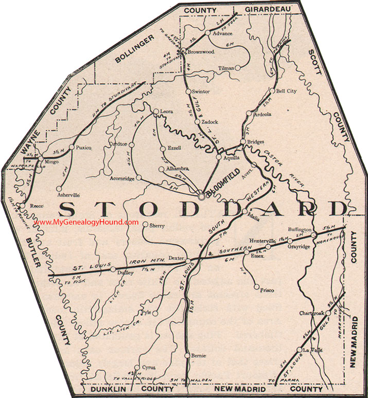 Stoddard County Missouri Map 1904 Bloomfield, Dexter, Advance, Bernie, Puxico, Dudley, Bell City, MO