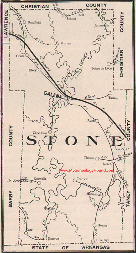 Stone County Missouri Map 1904 Galena, Notch, Blue Eye, Crane, Cape Fair, Ponce de Leon, Elsey, Hurley, MO