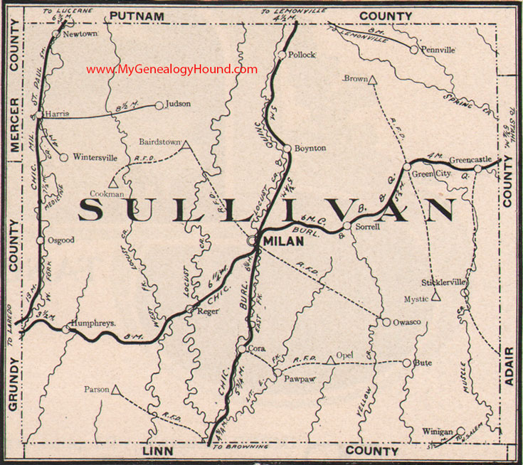 Sullivan County Missouri Map 1904 Milan, Green City, Green Castle, Humphreys, Reger, Osgood, Winigan, Pollock, Harris, Newtown, MO