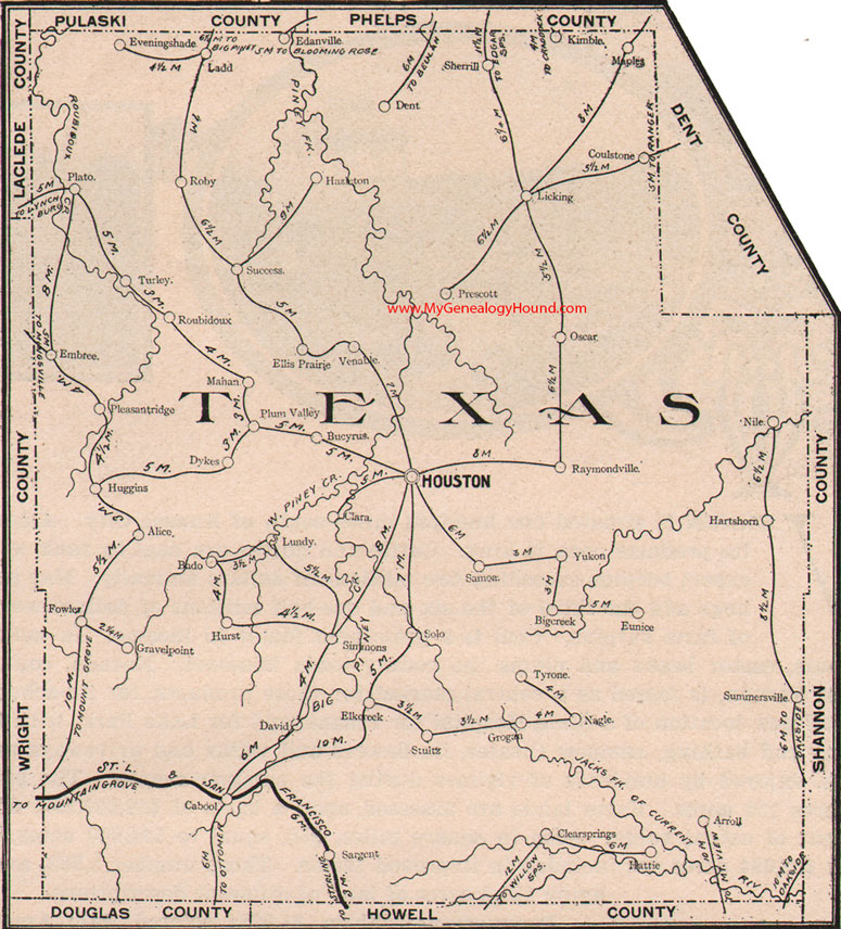 Texas County Missouri Map 1904 Houston, Cabool, Licking, Raymondville, Yukon, Eunice, Simmons, Solo, Elk Creek, Plato, Roby, Hazleton, MO