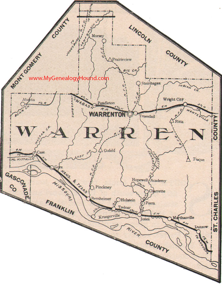 Warren County Missouri Map 1904 Warrenton, Wright City, Marthasville, Dutzow, Treloar, Truesdale, MO