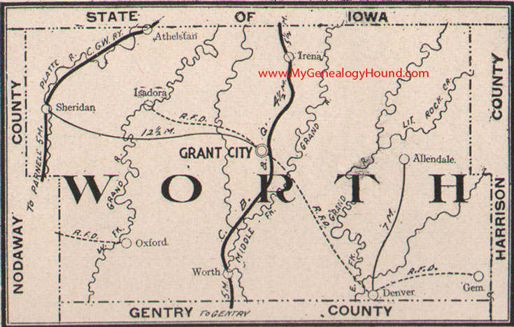 Worth County Missouri Map 1904 Grant City, Allendale, Sheridan, Denver, Athelstan, Isadora, Oxford, Irena, Gem, MO