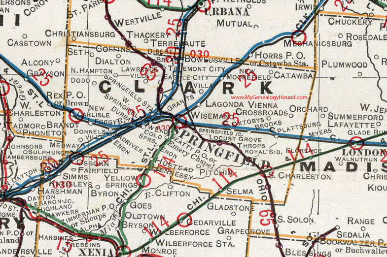 Clark County, Ohio 1901 Map Springfield, New Carlisle, South Charleston, Enon, Tremont City, North Hampton, New Moorefield, Catawba, OH