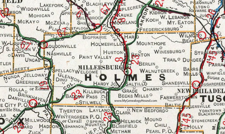 Holmes County, Ohio 1901 Map Millersburg, Holmesville, Lakesville, Nashville, Glenmont, Killbuck, Mount Hope, Berlin, Winesburg, Charm, OH