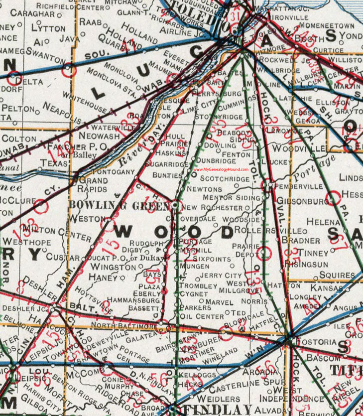 Wood County, Ohio 1901 Map, Bowling Green, North Baltimore, Weston, Pemberville, Risingsun, Bradner, Millbury, Walbridge, Perrysburg, Haskins, Luckey, OH