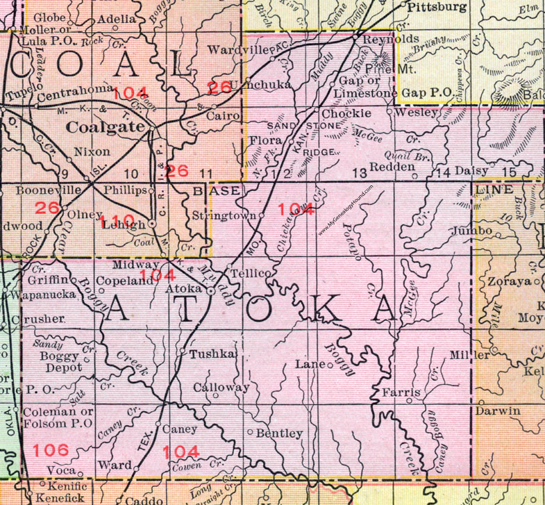 Atoka County, Oklahoma 1911 Map, Rand McNally, Atoka City, Tushka, Stringtown, Caney, Redden, Daisy, Wardville, Lane, Crystal, Boggy Depot, Tellico, Calloway