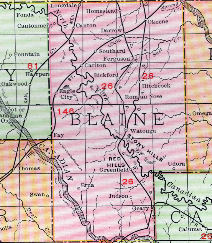 Blaine County, Oklahoma 1911 Map, Rand McNally, Watonga, Geary, Canton, Okeene, Longdale, Eagle City, Greenfield, Homestead, Southard, Carlton, Hitchcock, Roman Nose