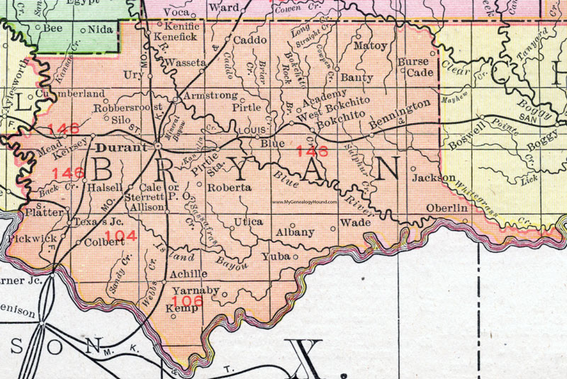 Bryan County, Oklahoma 1911 Map, Rand McNally, Durant, Caddo, Calera, Bokchito, Bennington, Achille, Colbert, Kemp, Platter, Mead, Silo, Kenefic, Albany
