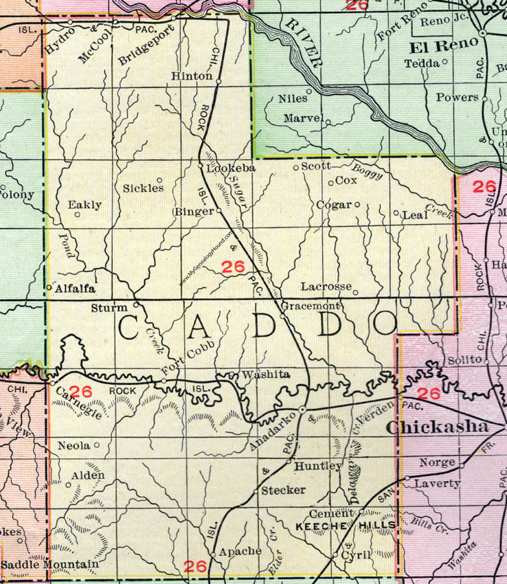 Caddo County, Oklahoma 1911 Map, Rand McNally, Anadarko, Carnegie, Apache, Cyril, Cement, Washita, Hydro, Hinton, Lookeba, Binger, Eakly, Gracemont, Bridgeport