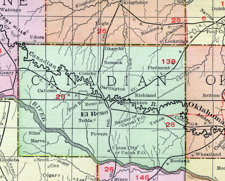 Canadian County, Oklahoma 1911 Map, Rand McNally, El Reno, Yukon, Mustang, Union City, Piedmont, Calumet, Okarche, Nemack, Fort Reno, Concho, Tedda, Darlington, Marvel, Niles