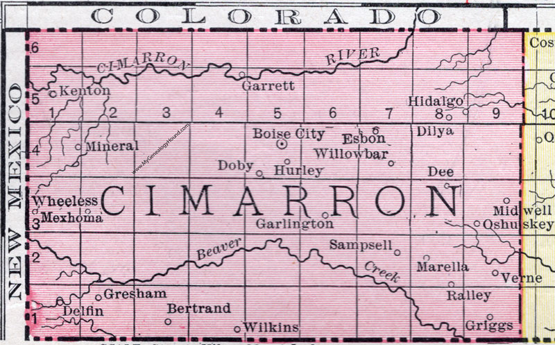 Cimarron County, Oklahoma 1911 Map, Rand McNally, Boise City, Hidalgo, Mexhoma, Oshuskey, Dilya, Esbon, Sampsell, Wheeless, Doby, Hurley, Ralley, Griggs, Marella