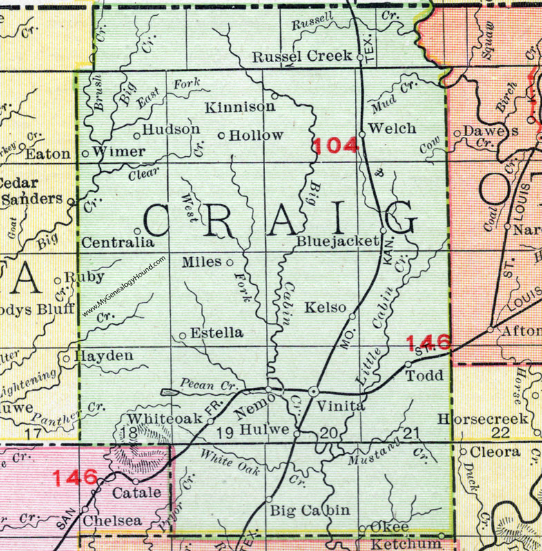 Craig County, Oklahoma 1911 Map, Rand McNally, Vinita, Big Cabin, Bluejacket, Welch, Ketchum, Centralia, Estella, Hulwe, Nemo, Kinnison, Hudson, Wimer, Okee, Kelso