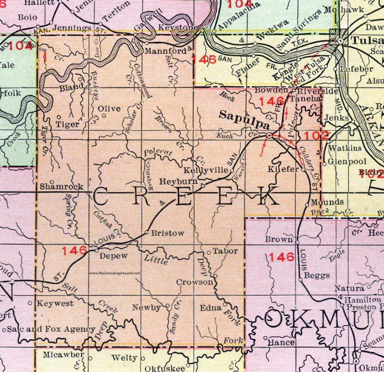 Creek County, Oklahoma 1911 Map, Rand McNally, Sapulpa, Bristow, Kiefer, Depew, Kellyville, Mounds, Crowson, Tabor, Newby, Shamrock, Tiger, Mannford, Heyburn