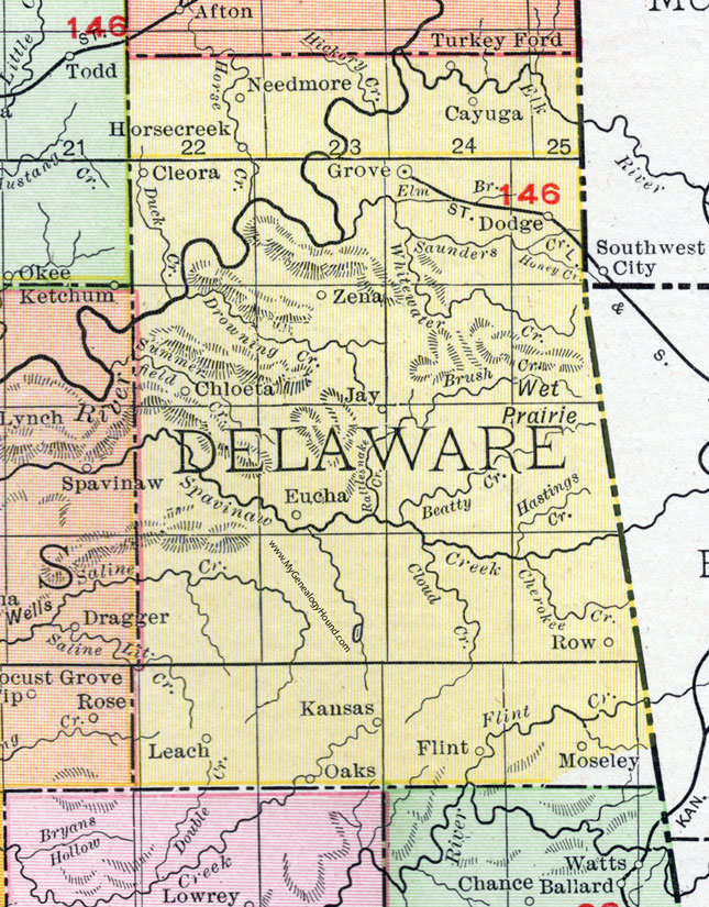 Delaware County, Oklahoma 1911 Map, Rand McNally, Grove, Jay, Cayuga, Needmore, Cleora, Zena, Dodge, Chloeta, Eucha, Leach, Kansas, Moseley, Flint