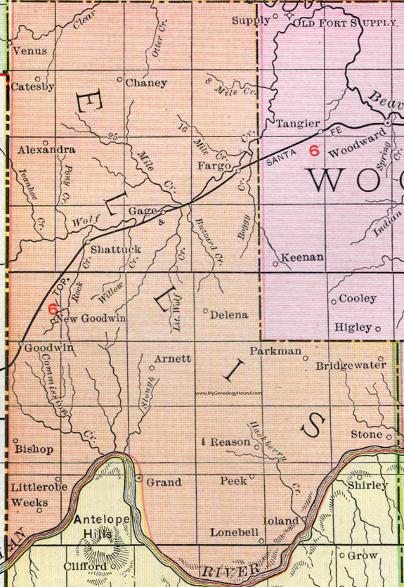 Ellis County, Oklahoma 1911 Map, Rand McNally, Gage, Arnett, Shattuck, Parkman, Catesby, Grand, Fargo, Chaney, Goodwin, Parkman, Bishop, Weeks, Bridgewater, Ioland