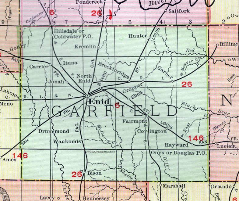 Garfield County, Oklahoma 1911 Map, Rand McNally, Enid, Garber, Waukomis, Drummond, Bison, Lahoma, Fairmont, Covington, Douglas, Hillsdale, Kremlin, Carrier, Hunter, Breckinridge, North Enid